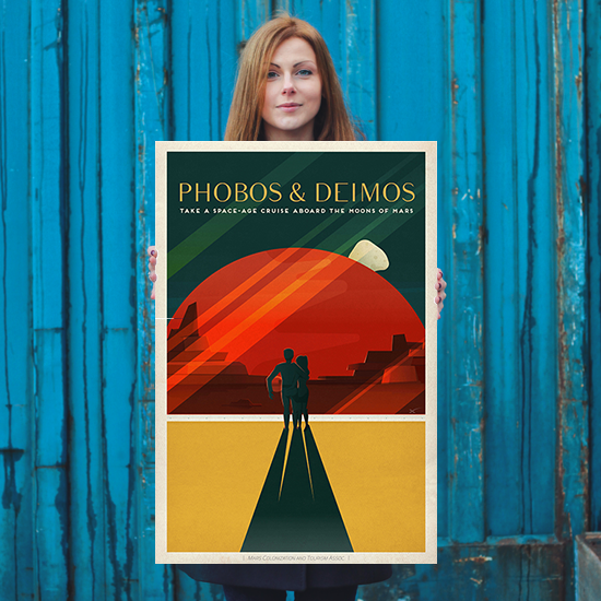 SpaceX Phobos & Deimos - Take a Space-Age Cruise Aboard the Moons of Mars - SpaceX Mars Travel Poster